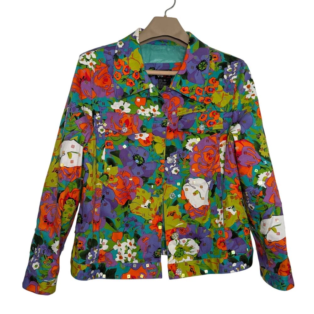 REDD JEANS Fun Bold Floral Print Jacket SIZE 10 Sequins Beads Womens